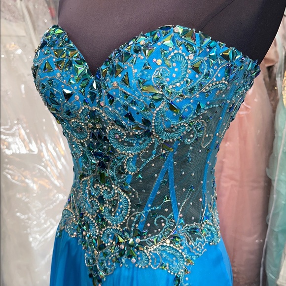 Strapless Turquoise Embellished Gown - Picture 4 of 4